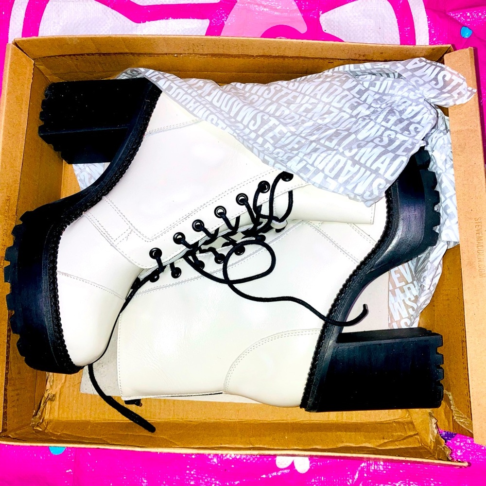 PERFECT GIFT! Steve Madden Womens Core White Leather Combat & Lace-up Boots.